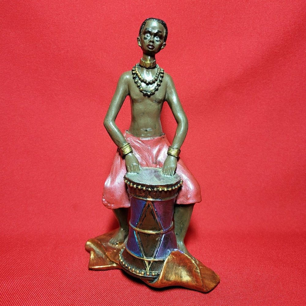Vintage Hand Crafted African Ancient Kenyan Tribal Resin Statue Playing Drum